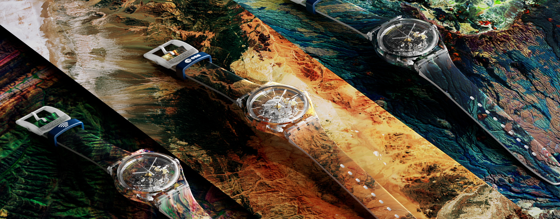 Swatch Uhren liegen auf Marmorhintergrund und zeigen SwatchPay.